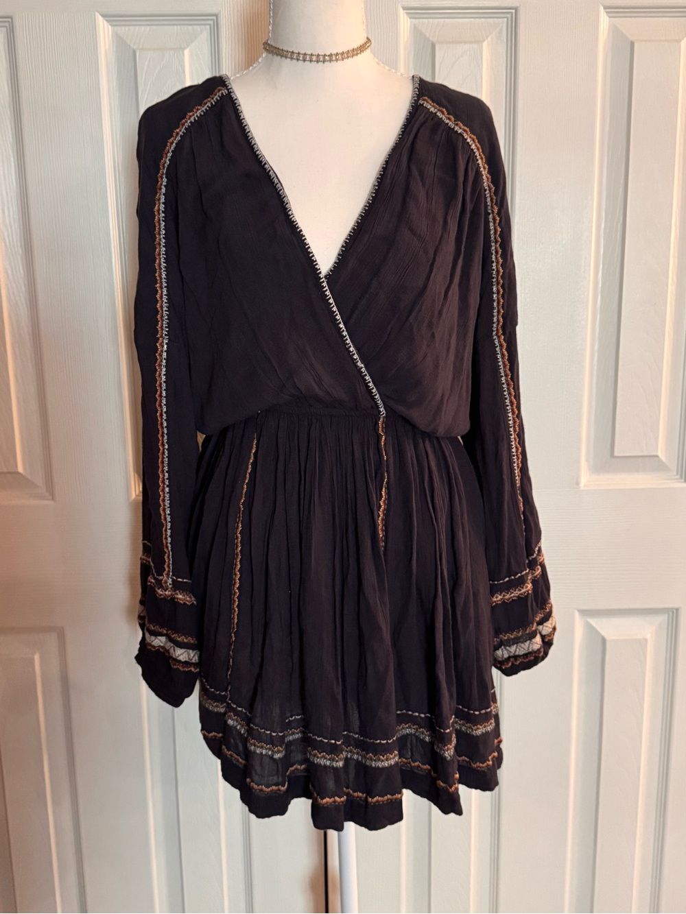 Free People Black Embroidered Long-Sleeve Wrap Mini Dress